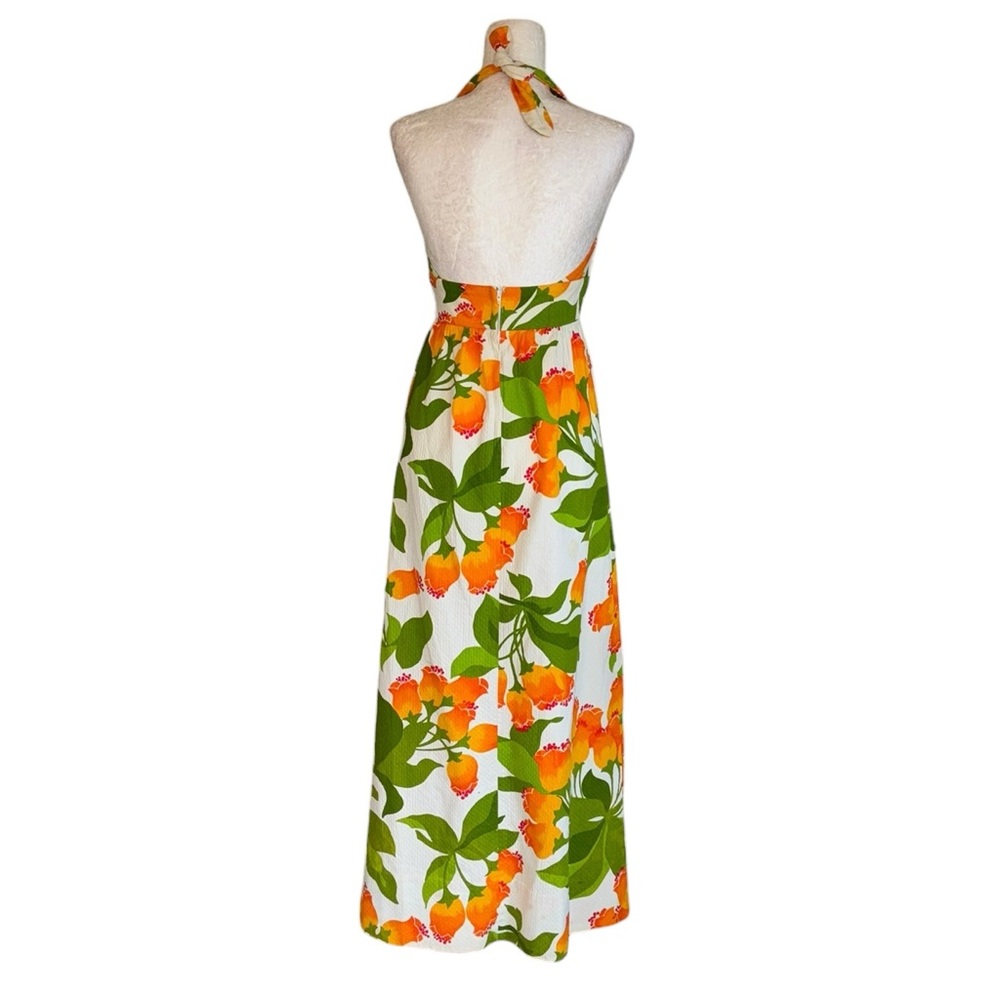 Vintage Malia Honolulu 1960s 70s Orange Green Floral Halter Neck Maxi Dress - S - Picture 6 of 12